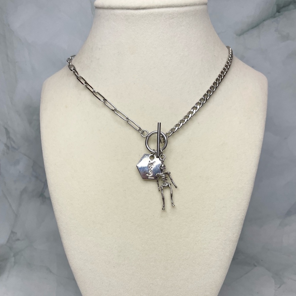 Upcycled Silver Logo & Skeleton Charms Mixed Chains Necklace